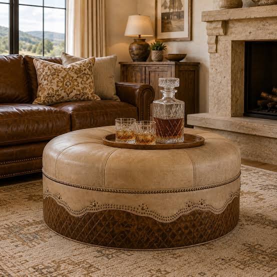 Round cream leather cocktail ottoman with nailhead trim and quilted base